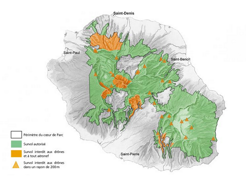Carte survol drone et aéronef parc national de La Réunion